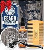 Beard Growth Kit - Oil, Balm, Serum, Derma Roller & Wooden Comb for Beard & Mustache Growth